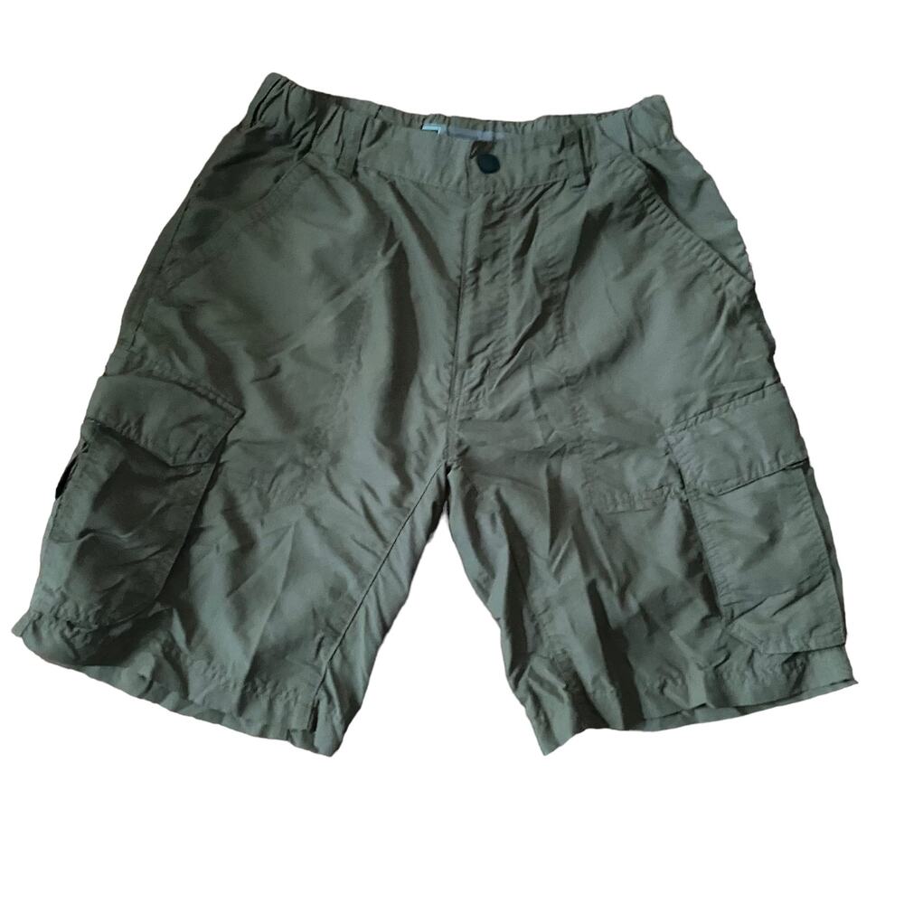 REI elastic waist lightweight hiking athleisure cargo shorts small army green